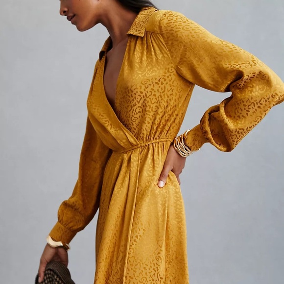 Anthropologie Long-Sleeve Yellow Leopard Print Shimmer Mini Dress Size Medium - Picture 4 of 14